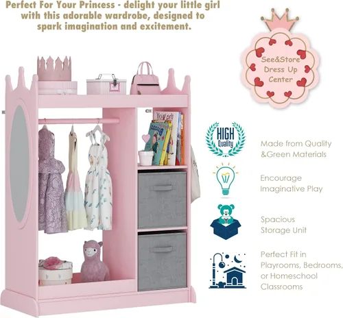 Miniatura 5 de UTEX Armario guardarropa para niños con espejo y contenedor de almacenamiento, rosa, 33.4 pulgadas de ancho x 15.75 pulgadas de profundidad x 44.5