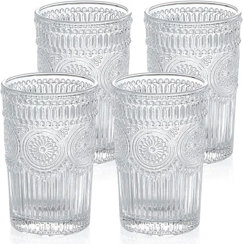 MDLUU Vasos de agua en relieve, cristalería romántica, vasos de beber vintage, vasos de vidrio para jugo, bebidas, cóctel, capacidad de 12.5 onzas