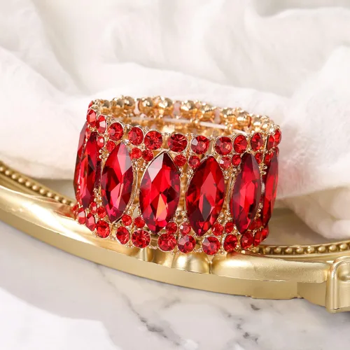 Miniatura 4 de BriLove Pulsera elástica de doble fila de diamantes de imitación de cristal para novia