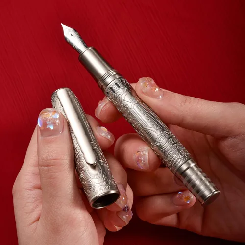 Miniatura 4 de Hongdian 100 - Pluma estilográfica de acero plateado con pistón, punta extra fina de iridio para caligrafía, plumas de escritura suave, bonita pluma