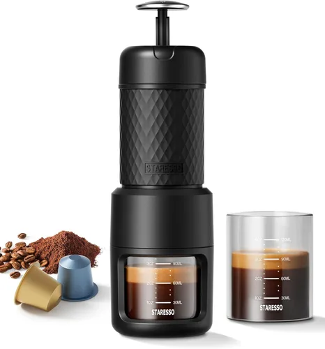 STARESSO - Máquina portátil manual de café espresso, con espuma espesa y gruesa, minicafetera para cápsulas de café molido y Nespresso, para viajes,