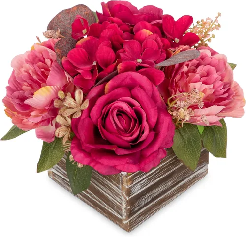 Miniatura 15 de DILATATA Arreglo floral con jarrón de madera, flores artificiales de 10 pulgadas en maceta, flores falsas en jarrón rectangular de madera blanco