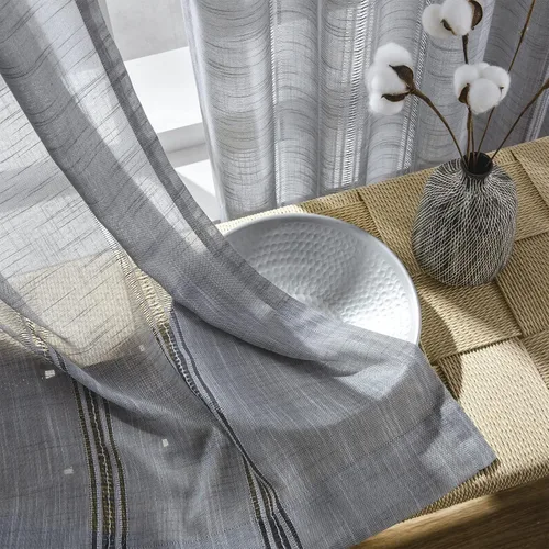 Cortinas Grises de Lujo con Textura de Lino Natural a Rayas para Sala de Estar/Dormitorio, Filtrado de Luz, Cortinas Cortas Semi Transparentes para