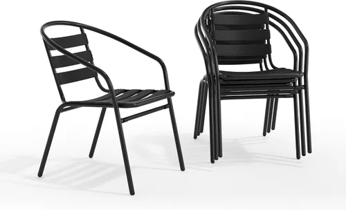 Miniatura 3 de EMMA + OLIVER Paquete de 4 sillas apilables de metal negro con respaldo curvado y listones de aluminio