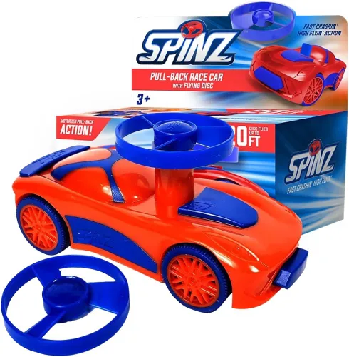 Miniatura 13 de Spinz Coche de carreras con lanzador de discos voladores, juguete de corredor de parachoques trasero, regalo para niños, niñas, naranja y azul, a