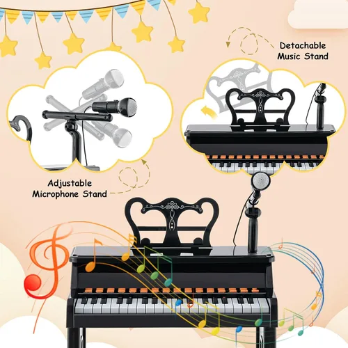 Miniatura 5 de HONEY JOY Piano para niños, piano de teclado negro de 37 teclas para niños con soporte de música y banco, regalo para bebés con micrófono