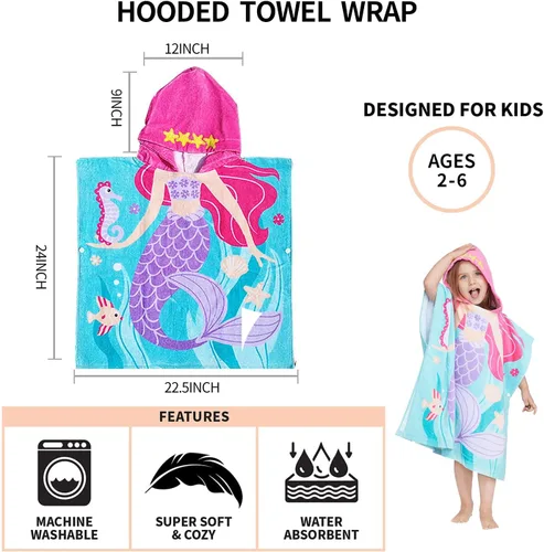 Miniatura 5 de Gealaek Toalla con capucha 100% algodón para niños de 2 a 6 años, toalla de playa para piscina, toalla de playa, suave y absorbente, poncho de playa