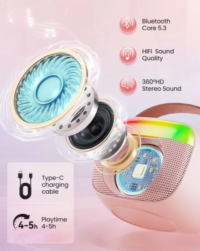 Miniatura 2 de Mini máquina de karaoke para niños, juguete para niñas, altavoz Bluetooth portátil con 2 micrófonos inalámbricos, regalos de juguete de moda