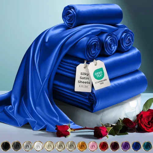 Miniatura 18 de DECOLURE Sábanas de satén para cama - Juego de 6 piezas de ropa de cama de lujo sedosa tamaño King - Más suave que la seda, sin arrugas con sábana