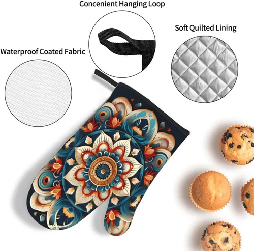 Miniatura 4 de Juego de manoplas de horno y soportes para ollas con mandala étnico bohemio, resistentes al calor, guantes de cocina y agarraderas para cocinar
