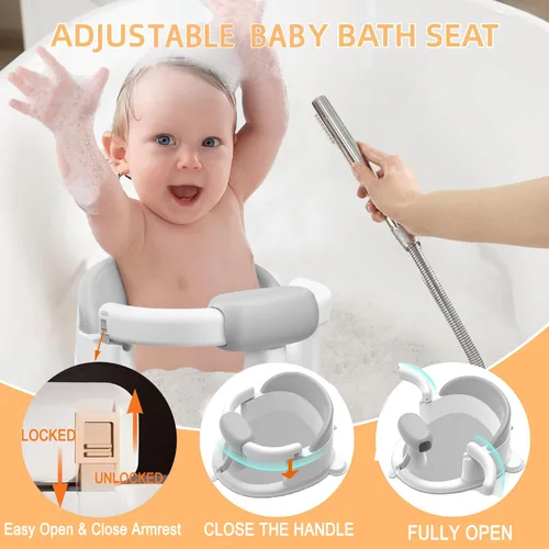 Miniatura 4 de Asiento de baño para bebés de 6 meses en adelante, asientos de baño para bebés sentados, silla de baño antideslizante con ventosas y cojín suave Gris