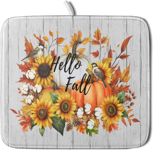Miniatura 35 de Tapete de Secado de Platos de Florero de Girasoles Otoñales para Encimera de Cocina, Tapete de Secado de Hojas de Arce y Calabaza Otoñal de 16 x 18