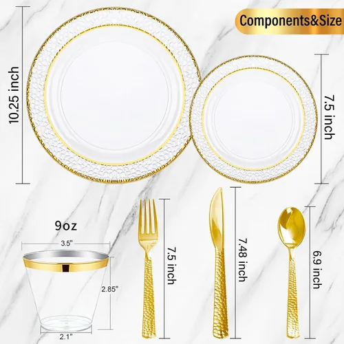 Miniatura 3 de Nervure 150 piezas de platos de plástico transparente con cubiertos martillados dorados que incluyen 25 platos de cena, 25 platos de postre, 25