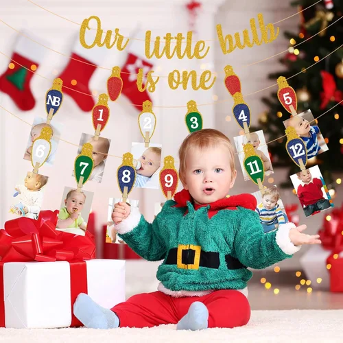 Miniatura 4 de Bombilla de Luz de Navidad Banner de Fotos de Primer Cumpleaños Bombilla de Luz de Navidad Banner de Fotos para Recién Nacido a 12 Meses Hito