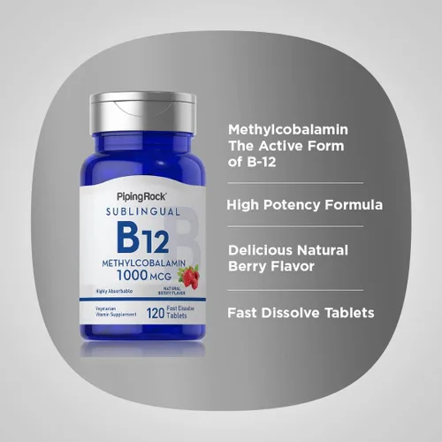 Miniatura 4 de Piping Rock Vitamina B12 1000 mcg Sublingual 120 tabletas como metilcobalamina Sabor a bayas Vegetariano, sin OMG, suplemento sin gluten