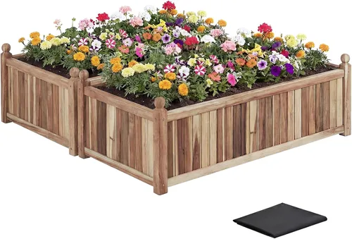 Miniatura 13 de Giantex Cama de jardín elevada de madera, cama de plantación con drenaje de esquina, forro no tejido para cultivar verduras, flores, hierbas