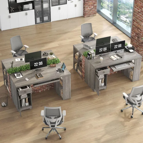 Miniatura 9 de HSH Escritorio para computadora de oficina de 55 pulgadas con cajones, escritorio ejecutivo gris rústico con estantes de almacenamiento y gabinete
