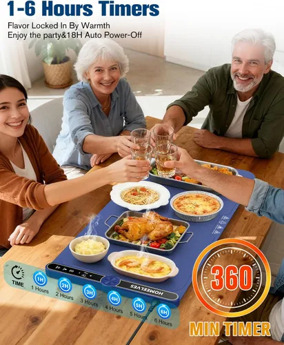 Miniatura 6 de Esterilla de Calentamiento de Alimentos Extra Grande, Bandeja Calentadora Eléctrica de Calentamiento Rápido con 9 Ajustes de Temperatura y Azul