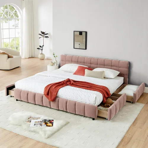 Miniatura 11 de Base de cama tapizada tamaño California King con tela de felpilla gruesa, cama de plataforma con cabecero copetudo, marco de madera maciza, diseño