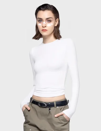 Miniatura 4 de PUMIEY Camisetas de manga larga para mujer, cuello redondo, ajustadas, sexy, básica, colección Smoke Cloud Pro
