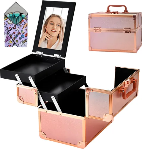 Miniatura 10 de Neceser de Tren de Maquillaje, Estuche de Maquillaje Portátil con Espejo, Organizador de Cosméticos de 2 Bandejas, Organizador de Esmalte de Uñas