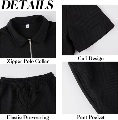 Miniatura 5 de Aulemen Conjunto deportivo de 2 piezas con cremallera para hombre, manga corta, camiseta polo y pantalones cortos, conjuntos de verano para hombre