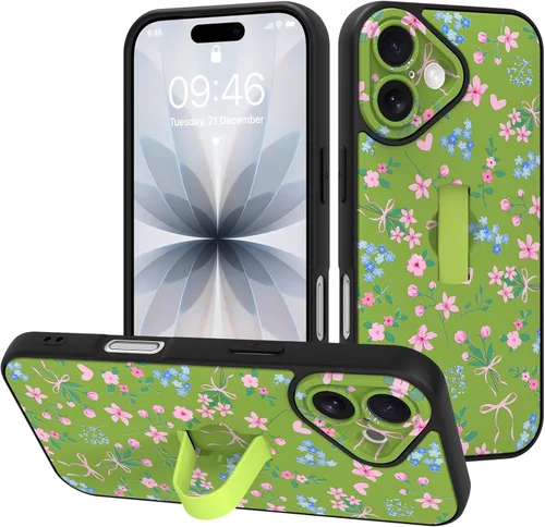 Miniatura 44 de Funda diseñada para iPhone 17 Pro Max con soporte plegable y correa para dedos, bonito patrón de lazo de corazón de flor rosa para mujeres y niñas