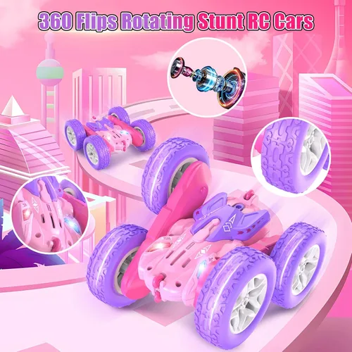 Miniatura 4 de Jimdella - Coches a control remoto para niñas, auto de acrobacias RC de 2.4GHz con giros de 360° y conducción de doble cara, ruedas intercambiables