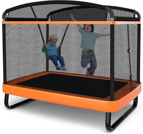 Miniatura 11 de Giantex Trampolín de 6 pies para niños con columpio, trampolines para niños pequeños con red de seguridad, aprobado por ASTM, mini trampolín Rosa