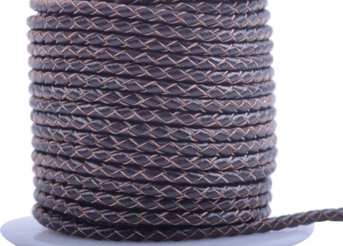 Miniatura 35 de KONMAY 2 yardas 8.0mm Cordón redondo de cuero trenzado auténtico marrón antiguo para corbata de bolo