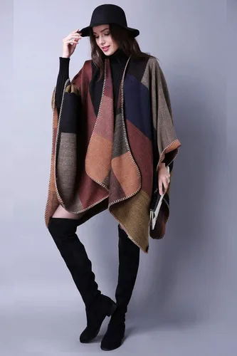 Miniatura 6 de Chal de punto para mujer a cuadros con parte delantera abierta tipo poncho tipo capa envolvente