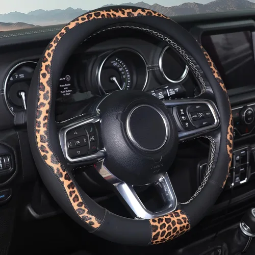 Miniatura 13 de ZHOL Funda para volante con estampado de vaca, cubierta de volante de automóvil en forma de D, piel de microfibra de 14 1/2-15 pulgadas