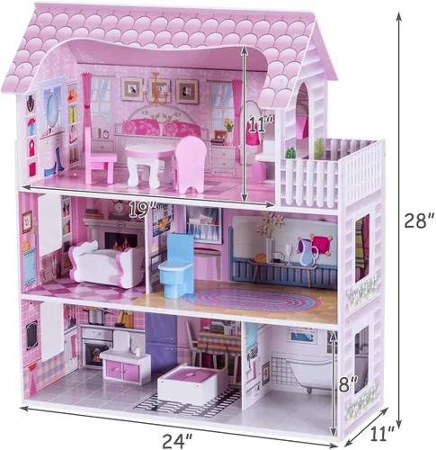 Miniatura 5 de Honey Joy Casa de muñecas de madera de 3 niveles con 8 muebles, casa de muñecas para niños, juego de princesa mini, regalo para niñas pequeñas 2.5