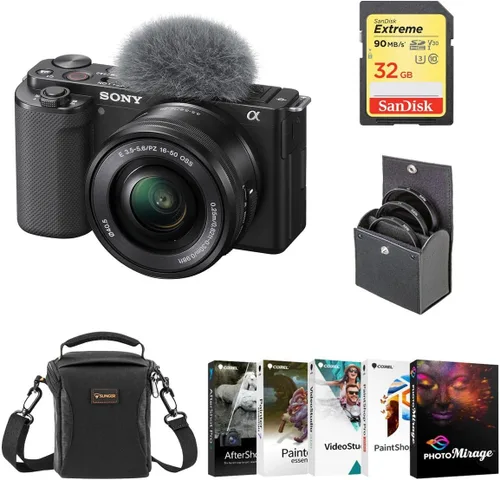 Sony Cámara sin espejo ZV-E10 con lente de 0.630-1.969 in, paquete negro para PC Photo & Video Editing Software Suite, tarjeta de memoria SD de 32