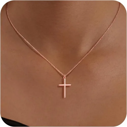 Miniatura 55 de Collar de cruz para mujeres y niñas, delicado chapado en oro de 14 quilates, gargantilla con dije de cruz que no se deslustra, impermeable, moderno