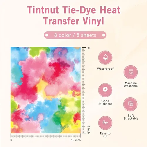 Miniatura 2 de Tintnut Vinilo de transferencia de calor Tie Dye, 8 hojas de 10 x 12 pulgadas, multicolor acuarela arco iris, vinilo para planchar para regalos
