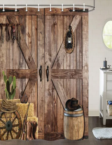 Miniatura 5 de Cortina de ducha de puerta de granero de madera rústica, 60 x 70 pulgadas, beige