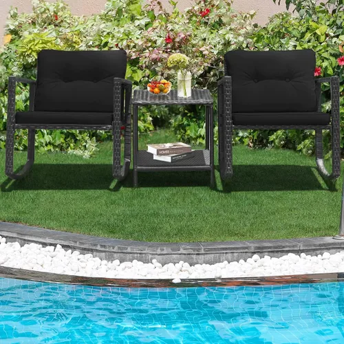Miniatura 9 de RELAX4LIFE Juego de sillas mecedoras para exteriores, juego de 3 piezas de mimbre de polietileno con mesa de cojines y estante de almacenamiento