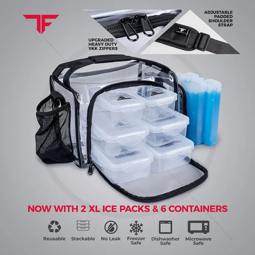 Miniatura 5 de ThinkFit Bolsa de almuerzo transparente con 6 recipientes para preparación de comidas - Sin BPA, reutilizable, apta para microondas + congelador