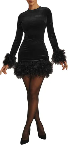Miniatura 6 de Vestido corto sexy de plumas para mujer, de manga larga, de piel sintética, de corte bajo, Y2K, para cóctel, fiesta