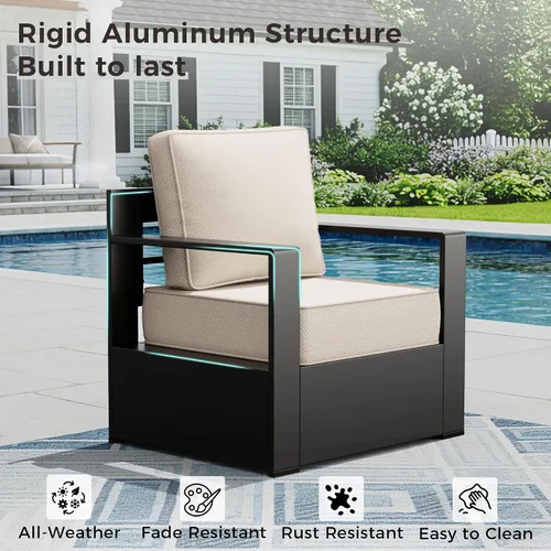 Miniatura 7 de Muebles de Patio al Aire Libre de Aluminio, Sillas de Metal para Todo Clima con Cojines de 6 Pulgadas de Grosor, Asiento Profundo para Jardín, Beige