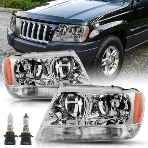Miniatura 10 de SOCKIR Conjunto de faros delanteros compatible con Jeep Grand Cherokee 1999-2004 halógeno (carcasa negra, parte inferior ámbar, con bombillas)