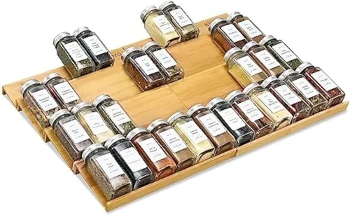 Organizador de Cajón de Especias, 4 Niveles - 8 Piezas Bandeja Inserto de Estante de Especias de Bambú para Cajón de Gabinete Encimera, Organización