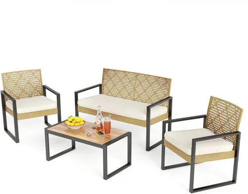 PHI VILLA Wicker Patio Furniture Set for 4, Rattan Small Patio Loveseat and Chairs with Acacia Wood Coffee Table, Outdoor Conversation Set with