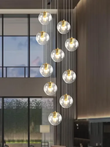 Miniatura 48 de ykolupty Escalera LED de 10 luces LED moderna con globo de cristal, lámpara colgante grande para techos altos, accesorios de iluminación de entrada