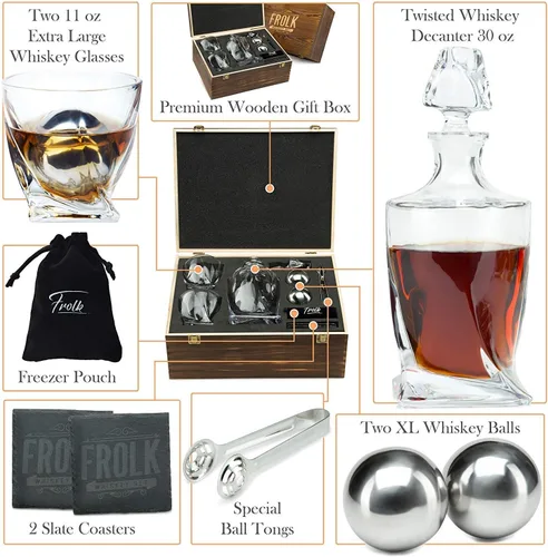 Miniatura 2 de Juego de decantador de whisky para hombre, decantador de bourbon trenzado, 2 vasos, 2 piedras de whisky de acero inoxidable XL, bolas, 2 posavasos
