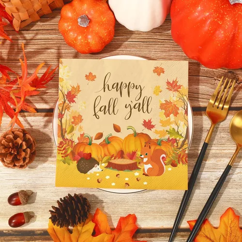 Miniatura 4 de Whaline Paquete de 80 servilletas de papel de otoño coloridas de calabaza con hojas de otoño para almuerzo, servilletas desechables de postre