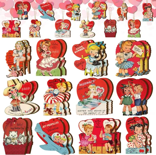 Glenmal 24 adornos vintage para árbol del día de San Valentín, decoración de San Valentín de madera, rojo, rosa, gnomos de corazón, camión,