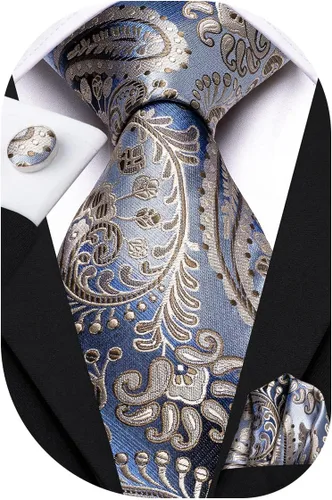Miniatura 70 de Hi-Tie Corbatas de seda para hombre, diseño de cachemira a rayas, con bolsillo, gemelos cuadrados, conjunto formal de negocios