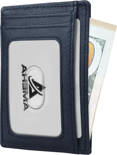 AMEHA Cartera minimalista delgada para hombre, bolsillo frontal, de cuero real, con bloqueo RFID, tarjetero de crédito comercial con ventana de